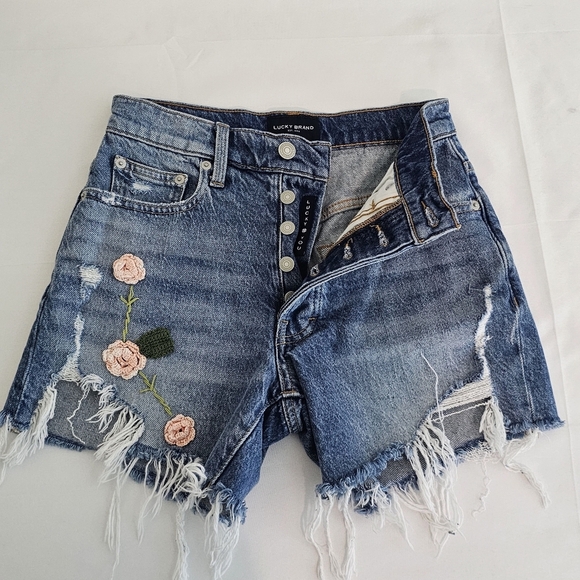 Lucky Brand Embroidered Distressed High Rise Denim Shorts Size 00 / 24 - Picture 8 of 13